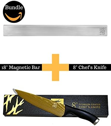 Stainless Steel Magnetic Knife Holder and Kitchen Knife - Kitchen Bundle With 18 Inch Magnetic Knife Rack and 8" Titanium Chef's Knife