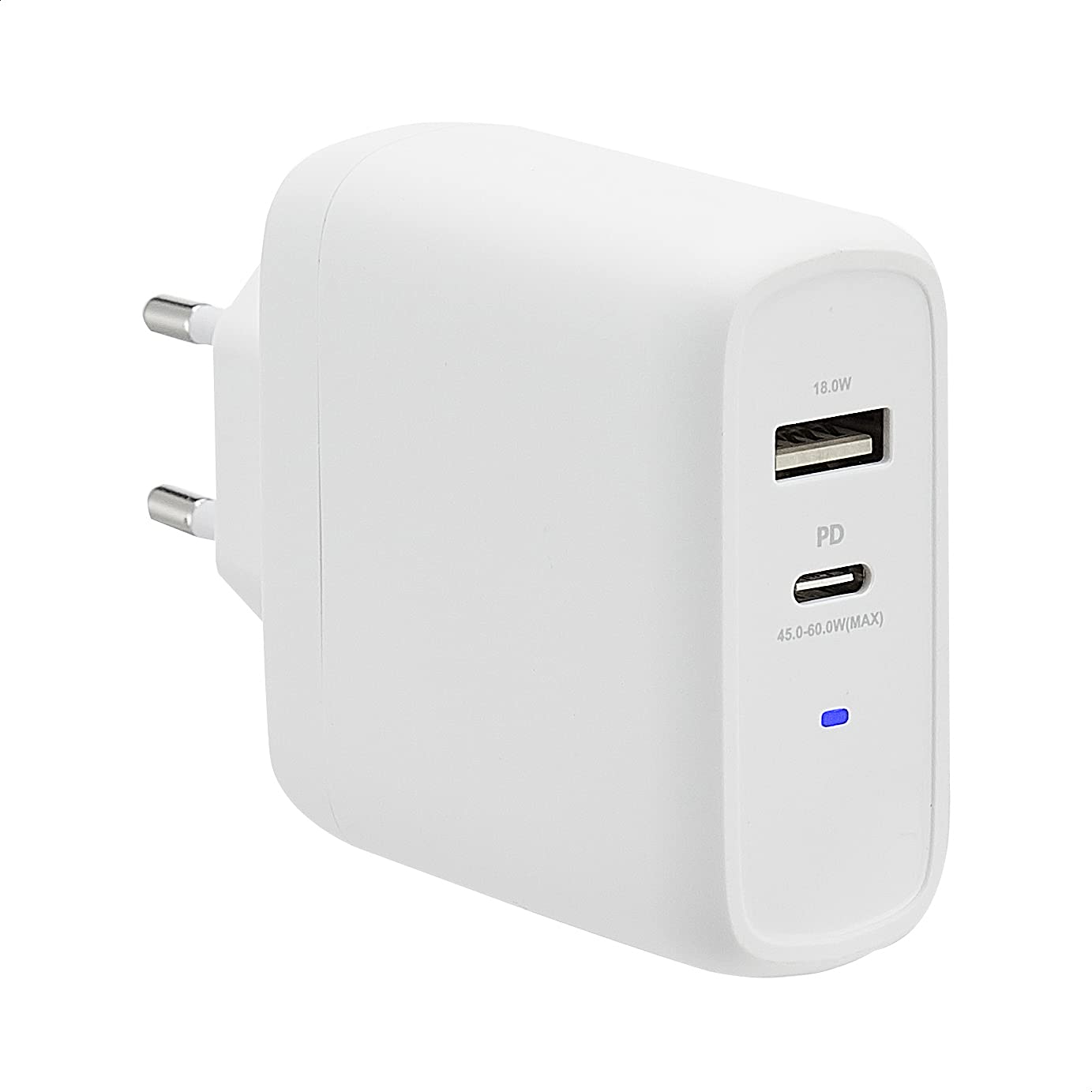 Amazon Basics GaN-Wandladegerät mit 2 Anschlüsse, 63 W, 1 USB-C-Port mit 45 W und 1 USB-A-Port mit 18 W, für Laptops, Tablets und Handys mit Stromversorgung, Weiß (Nicht PPS), 6,6 x 2,94 x 6,24 cm