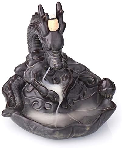 Dragon Incense Burner Holder,Backflow Incense Burner,Ceramic Backflow Cone Incense Burner Dragon Smoke Holder in Exquisite Present Box ''Dragon Lotus Pond''