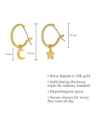 Columbus Aretes de aro bañados en oro de 18 quilates, dijes de luna, estrella y rayo