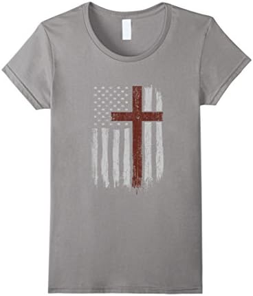 Womens Patriotic Christian Jesus Cross American Flag T-Shirt Large Slate