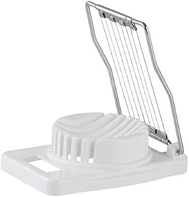 Corta-ovos, adequado para ovos cozidos ou duros, com fios de corte em aço inoxidável e estrutura de polipropileno branco, 11x8 cm, 1 unidade