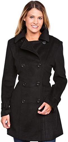 Women's Wool Blend Double Breasted Pea Coat (Black, Small)