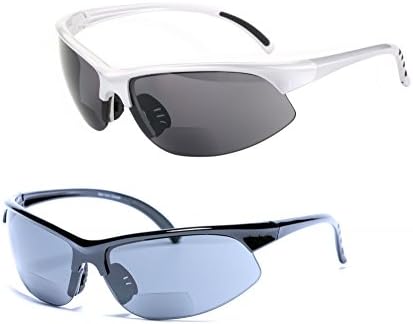 2 Pair of Unisex Bifocal Sport Wrap Sunglasses - Outdoor Reading Sunglasses (Silver/Black, 1.25)