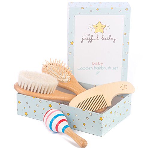 Wooden Baby Brush Set: 4-Pack Set of Natural Goat Hair Bristles Brush + Wooden Bristles Brush + Comb + Wooden Toy | For newborns and toddlers | Perfect Baby Shower Gift by The Joyful Baby