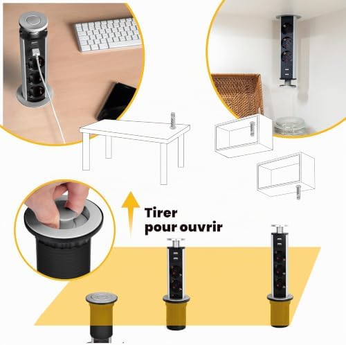- Bloc multiprise escamotable avec charge rapide, 3 Prises Schuko EU, 2 USB A + 1 USB C, Tour multiprise encastrable, Gris Métallisé, Plastique et Aluminium