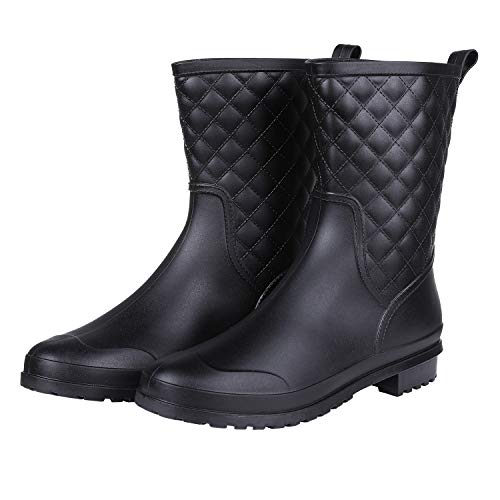 Litfun Womens Black Mid Calf Rain Boots Outdoor Work Waterproof Garden Booties Wide Calf Rain Shoes - Thumbnail 5