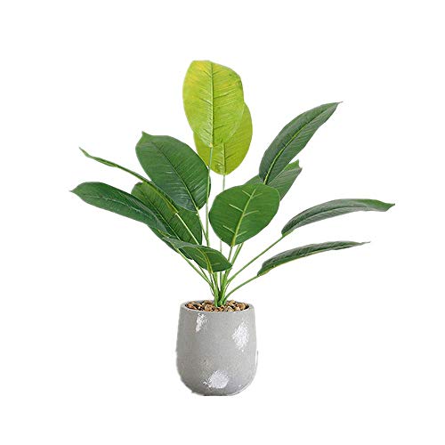 DODXIAOBEUL 17 inch Tropical Leaves Potted Artificial Simulation Tropical Oak Leaves Fake Plant Decorative Lifelike Flower Green Plants with Round Cement Pot (Green-B)