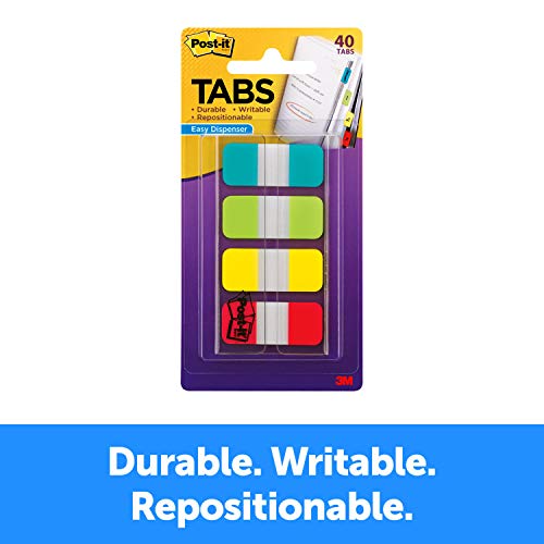 Post-it Tabs.625 in. Solid, Aqua, Lime, Yellow, Red, Durable, Writable, Repositionable, Sticks Securely, Removes Cleanly, 10/Color, 40/Dispenser, (676-ALYR)