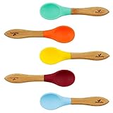 Avanchy First Stage Baby Feeding Spoons Natural Bamboo Soft Silicone Soft Tip Baby Spoon, Training Spoon Holds, Travel Gift Set for Baby - 5 Pack (Blue, Green, Orange, Yellow, Magenta)
