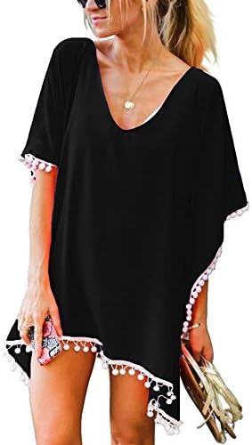 Yincro Women Chiffon Swimsuit Cover up Beach Bikini Stylish Tassel Bathing Suit Cover ups (Size B(Free Size, Fit US L-2XL), Black 02)