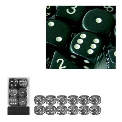 Chessex Dice d6 Sets: Opaque Black with White - 16mm Six Sided Die (12) Block of Dice
