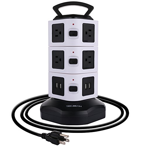 TEC.BEAN 3M 4 USB Power Strip 10 Way Outlet Extension Lead USB Charging Ports Station - USB Extension Lead Switch with Overload Protection Power Socket Perfect for Home Office - Black