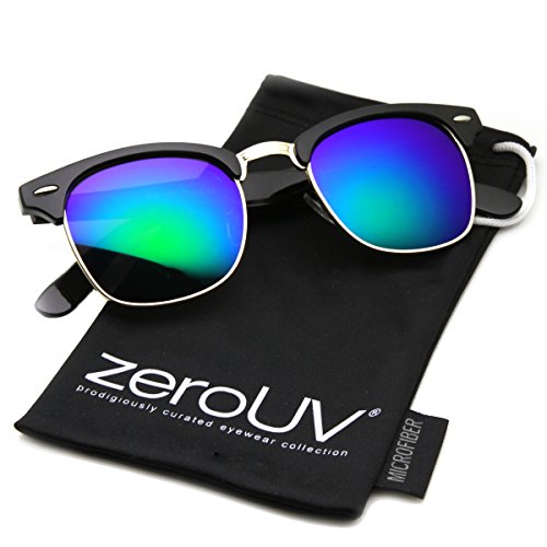 zeroUV - Premium Half Frame Horn Rimmed Sunglasses with Metal Rivets (Flash Mirror Series | Black / Midnight)