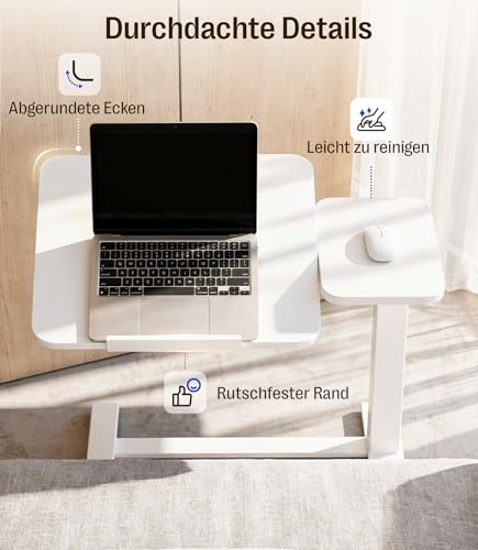 MAIDeSITe Side Table with Wheels, C-Shaped Height-Adjustable Bed Table, 70 x 40 cm Standing Table, Mobile Laptop Table with Split Table Top and Concealed Castors - Fit Dual