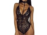 Feite Fashion Women Sexy Lace Backless Jumpsuit Swimsuit Bodysuit (Black, L)