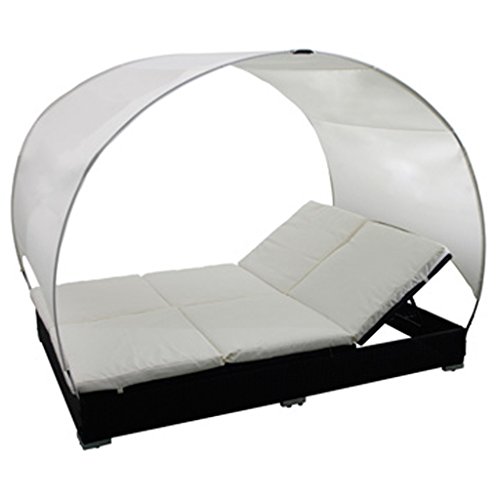 Anself Adjustable Rattan Lounge Bed With Capony For Patio Outside Furniture Black