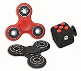 Fidget Bundle - TWO Hand Tri Spinners and Fidget Cube by Atmos - Anti Stress Anxiety Boredom ADD | ADHD | Autism Patient - Includes Black & Red Spinner - Work School Office