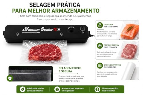 Seladora a Vácuo para Alimentos Vacuum Sealer, Máquina Compacta Automática para Embalar Carnes, Legumes, Frutas, Grãos e Porções para Geladeira e Freezer