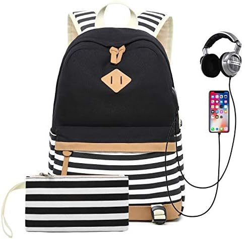 Backpack Laptop Striped Canvas Casual School Bag with Pencil case,USB Charging Port for Teenager Girls College School Student (Black Stripe)