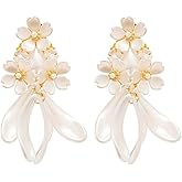 Peasimy Vintage Flower Petal Pearl Tassel Stud Earrings for Women Floral Drop Dangle Earrings Wedding Bridal Party Jewelry