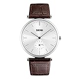 Mens Unique Watch Analog Quartz Casual Wrist Watch Seconds Dial Classic Roman Numeral Business Dress Watch Fashion Luminous Hands Brown Leather Calendar 98FT 30M Waterproof– White