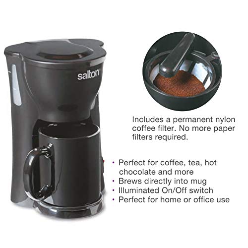 Salton 1 Cup Mini Compact Drip Maker with Reusable Mesh Filter for Coffee Grounds, 10 Oz, Black