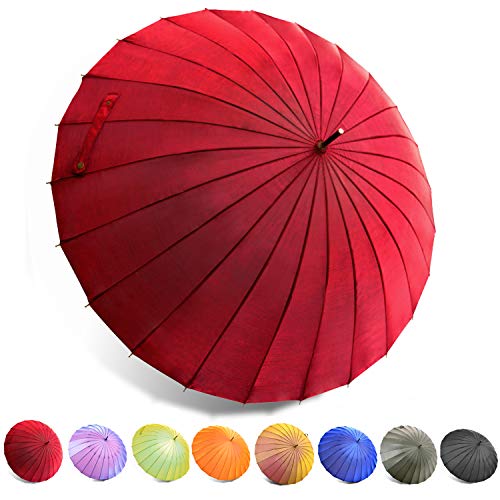 Kung Fu Smith Asian Rain Parasol Umbrella with Wooden Handle - UV Protection Windproof and Ultra Light - Red