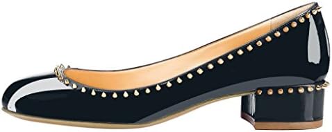 Juoar Women's Big Size Slip-on Low Heel Pumps Patent Leather Casual Dress Shoes Rivets Block Heels Patent Lether Black US 8