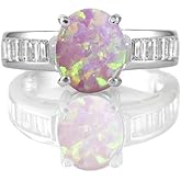 Savlano 14K White Gold Plated Oval Created Opal with Cubic Zirconia Ring for Women - Comes With a Gift Box