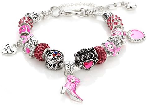 Pink Ribbon Breast Cancer Awareness Charms Bracelet, Silver Tone ‘I Love You’ Bead Bracelet