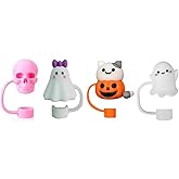 Resin & Reed Halloween Straw Caps for Stanley Cups, 10mm, 4 pack, Silicone Cat Ghost Pumpkin Skull Design