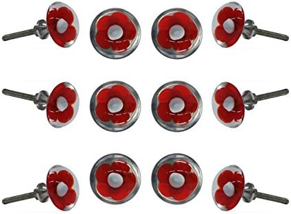 Set of 12 Glass Mendip Red and White Flower Cabinet Knobs Kitchen Cupboard Dresser Drawer Door Knob Pull By Trinca-Ferro