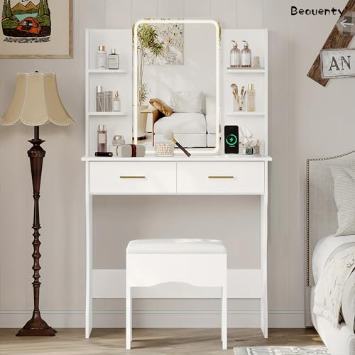 Beauenty Makeup Vanity Table, Vanity Desk with LED Mirror and Stool, Modern Simple Dressing Table with 2 Drawers and Multi-level Storage, Vanity Set Gifts for Women and Girls, White (80 * 40 * 140cm)