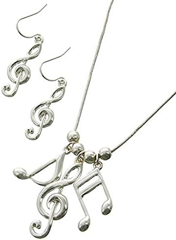 Music Note Necklace Earrings Set Z3 Silver Tone