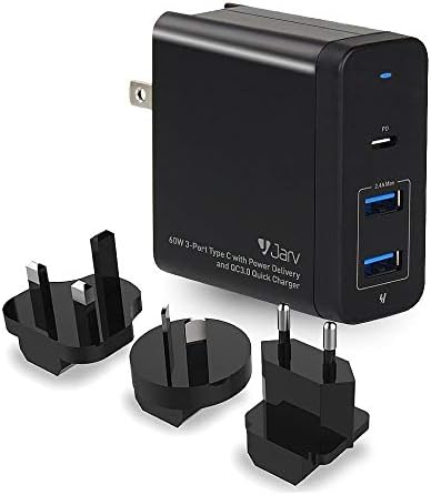 Jarv 60W Desktop Charger 3 Port Travel USB High Speed Fast Charging with QC 3.0 and Type C PD for Samsung Galaxy S10/S10E/S9/S8/S7 Plus Note 10/9/8, iPhone Xs MAX/XS/XR/X/8/7 iPad Mini/Air/Pro