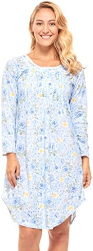 Womens Nightgown Sleepwear Cotton Pajamas - Womans Long Sleeve Sleep Dress Nightshirt (XL, Blue-654)