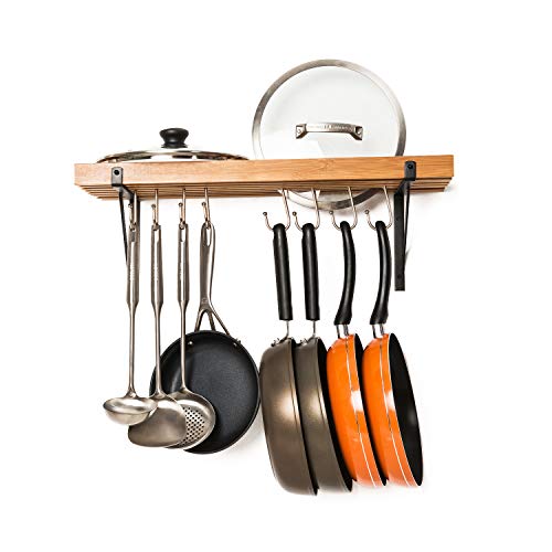 Soduku Kitchen Wall Mounted Bamboo Pot Pan Rack with 8 hooks