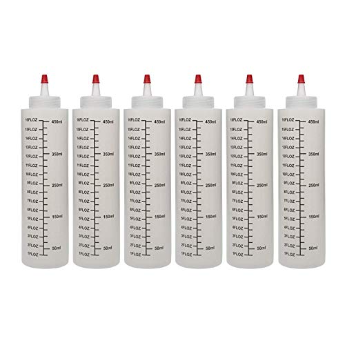 Houseables Squirt Bottle, Condiment Squeeze Sauce Container, 16 Oz (473 ml), Plastic, 6 Pack, Clear, Red Cap, Open-Tip, Screw-On Spout, Durable Polyethylene for Restaurants, Dressing Dispensing