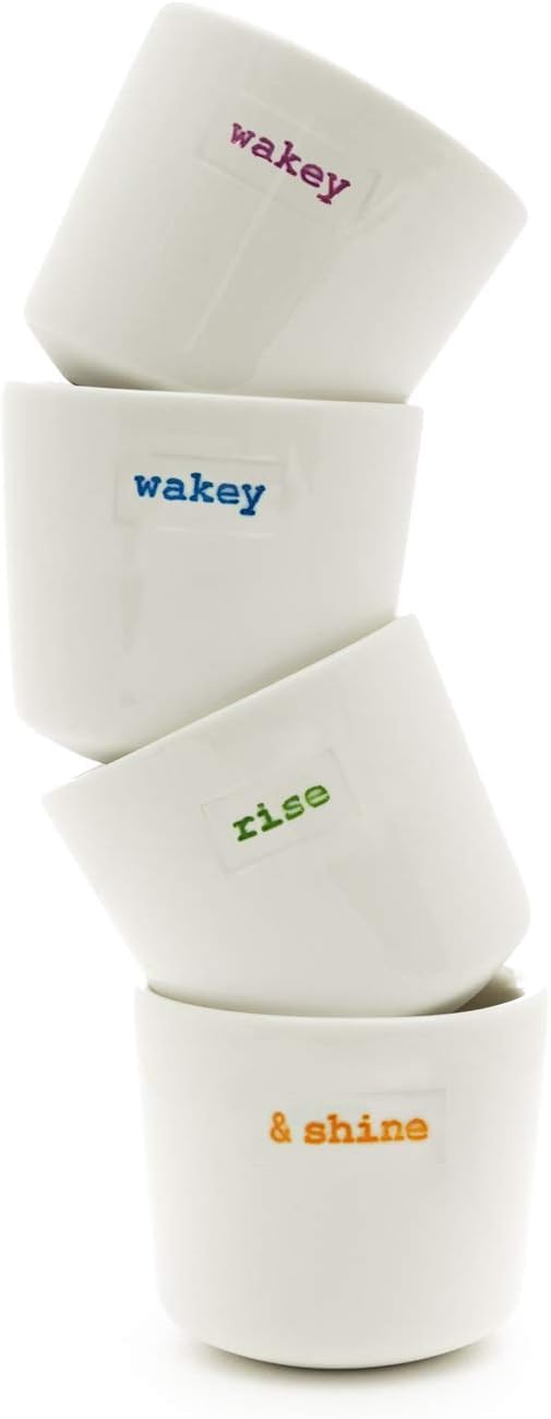 Keith Brymer Jones - Word Range - Ceramic Set of 4 Egg Cups - Gift Boxed - Wakey Wakey Rise & Shine
