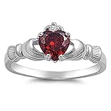 Sterling Silver Simulated RED GARNET IRISH HEART Claddagh Ring 4-10