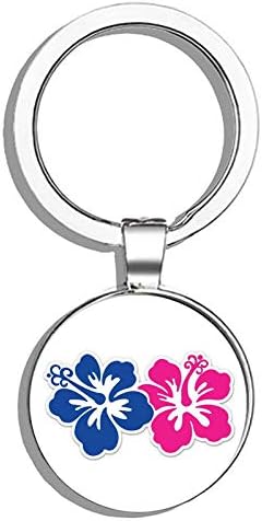 Hibiscus Blue Pink Tropical Cute Flowers Hawaii Metal Round Metal Key Chain Keychain Ring