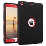 DOMAVER iPad 9.7 2018/2017 Case, Heavy Duty Shockproof Rugged Cover Three Layer Hard PC+Silicone Hybrid Impact Resistant Defender Full Body Protective Case for Apple iPad 9.7-inch 2017/2018-Black/Red