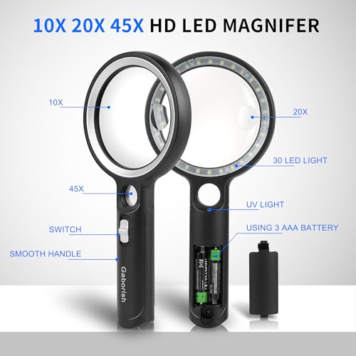 GABORISH Magnifying Glass with Light, 10X 20X 45X Handheld Magnifying Glass with 30 LED and 1 UV, Magnifying Glass for Reading, Inspection, Coins, Jewellery, Exploring, Reading Magnifying Glass for Seniors Large (Silver)