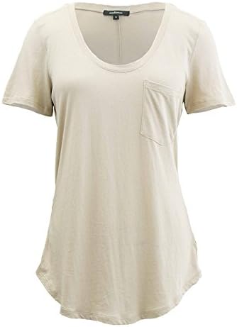 Basic Short Sleeve Scoop Neck T-Shirt with Front Pocket Accent (Large, Beige)