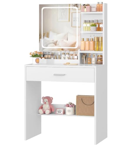 TEENFON Vanity Desk with Mirror and LED Lights, Small Vanity with 2 Open Compartments & 4 Shelves, Dressing Table with Large Drawer for Bedroom, White