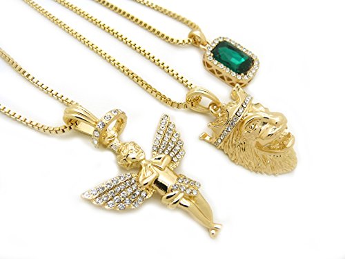 Micro Colorful Gemstone, Angle, Lion Pendant 24",30" Box Chain 3 Necklace Set Gold Tone RC1413G (Green)