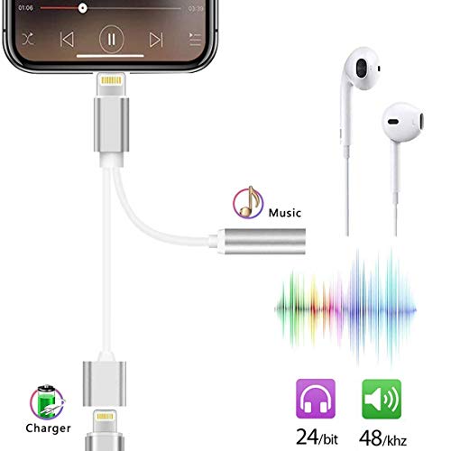 2 in 1 Lightning Adapter Compatible with iPhone XS Max/XS/XR/X/6S/7/7 Plus/8/8 Plus, Compatible iPhone Adapter/Splitter, 2-Port Headphone Audio and Charger Adapter,Compatible iOS 10.3, iOS 11 or Later