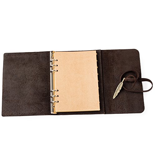 Ancicraft-Soft-Genuine-Leather-Journal-Diary-Notebook-with-Retro-Feather-Charm-6-Ring-Binder-A5-Blank-Craft-Paper-Dark-Brown-A5-Blank-Craft-Paper
