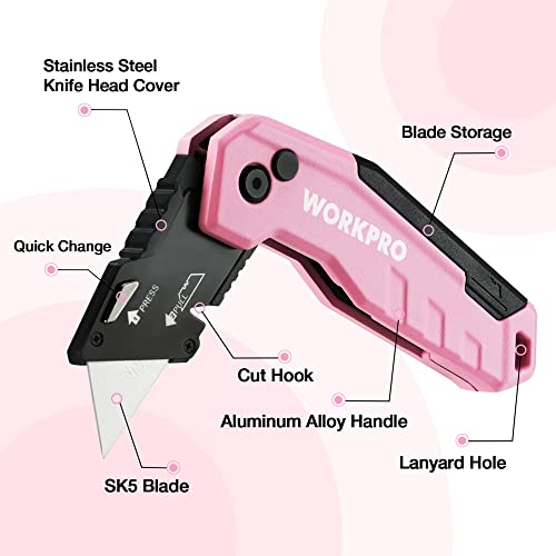 WORKPRO Folding Utility Knife, Quick Change Box Cutter, Razor Knife for Cartons, Cardboard, Boxes, Blade Storage in Handle, 13 Extra Blades Included (Pink)